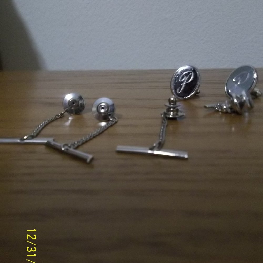 Silver Plated Monogramed "P" Cuff Links and Tie Clasps